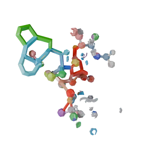 Classroom Protein Chain Low Poly 3D model, game viewport three-quarter view, showing colored spheres, molecule layout.