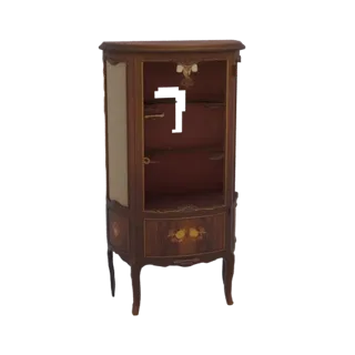 Modelo 3D de una vitrina de madera antigua con puertas de cristal y marquetería floral intrincada en la sección inferior, sob