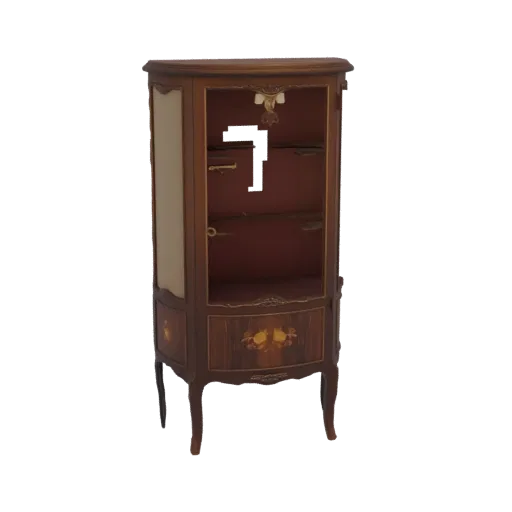 Modelo 3D de una vitrina de madera antigua con puertas de cristal y marquetería floral intrincada en la sección inferior, sob