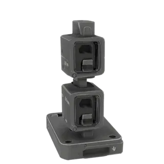 3D model render of a dual cube optical sight mount with stacked cubic housings and viewing apertures, set against a black bac