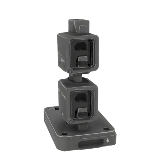 3D model render of a dual cube optical sight mount with stacked cubic housings and viewing apertures, set against a black bac