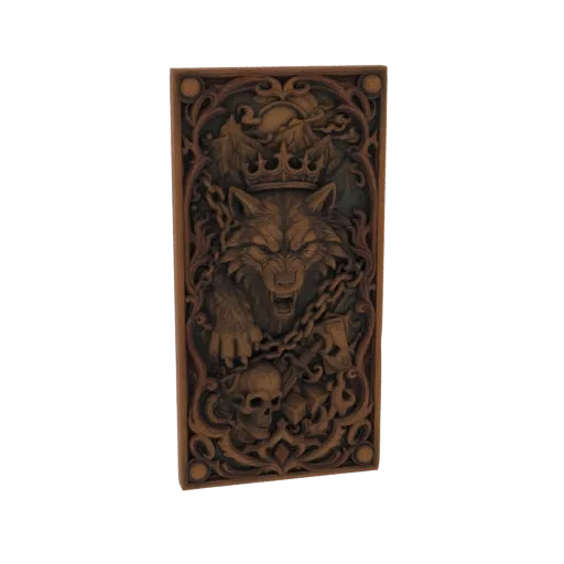 3D model of a carved relief featuring a crowned wolf king with chains and a skull, rendered in a dark wood texture.