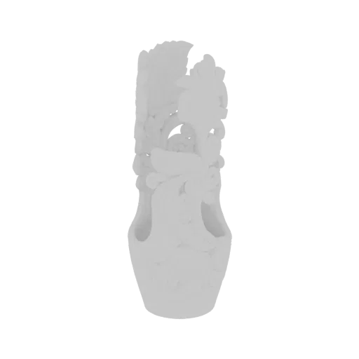 A detailed 3D model of an ornate column featuring intricate Baroque scrollwork and floral motifs, rendered in white.