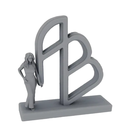 Rendu 3D d'une sculpture monogramme 'FB' stylisée avec une figure féminine debout sur une base rectangulaire, sur fond blanc.