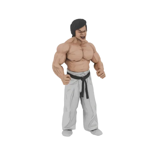 3D model of a muscular martial artist with black hair, wearing a white gi and black belt, in a dynamic pose.