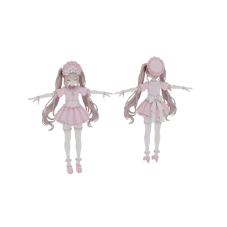 Vista frontale e posteriore di un modello 3D di una ragazza carina in stile anime vestita da cameriera lolita rosa con lunghi