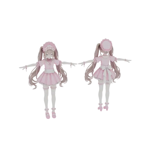 Vista frontale e posteriore di un modello 3D di una ragazza carina in stile anime vestita da cameriera lolita rosa con lunghi