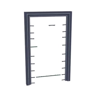 Modello 3D di un telaio porta scuro e minimalista con sottili mensole integrate sui lati interni.