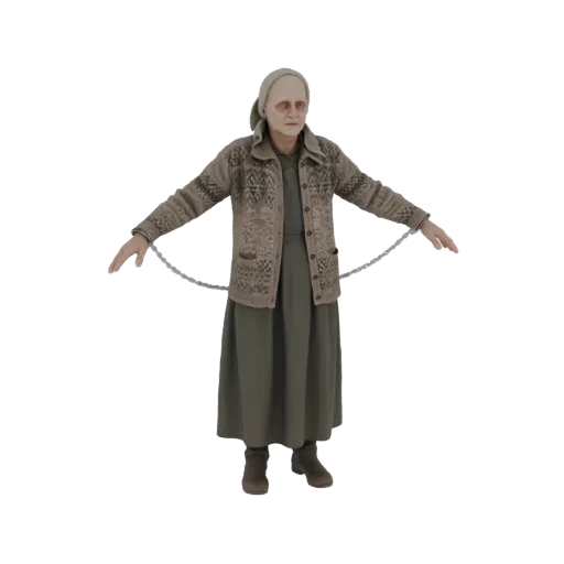 3D model of an elderly woman with chains attached to her wrists, arms outstretched, wearing a knitted cardigan and dress.