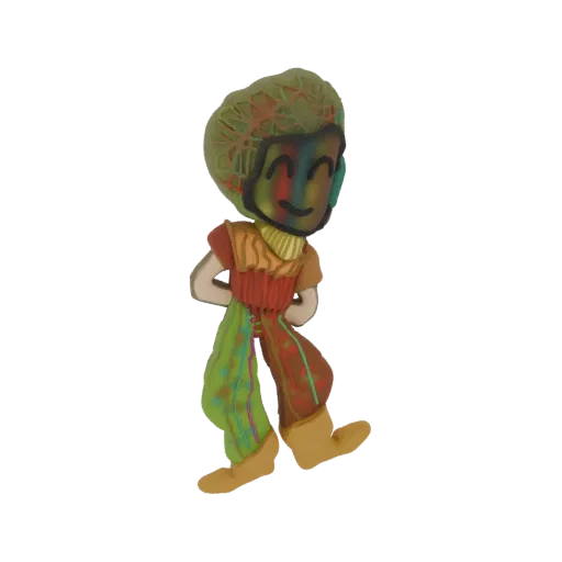A 3D render of a whimsical character with a colorful afro, ruffled outfit, and patterned pants, standing with hands on hips.