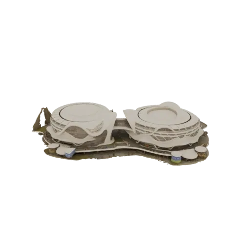 3D model of a futuristic twin stadium complex with two interconnected, curved structures and detailed landscaping.