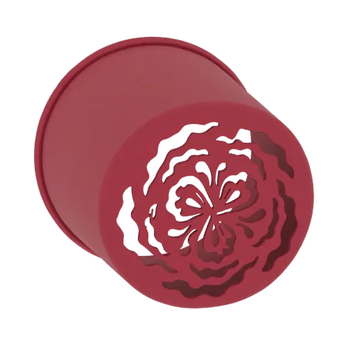 3D-Rendering eines roten Blumentopfs mit detailliertem Blumenmuster an der Seite, aus leichtem Winkel betrachtet.