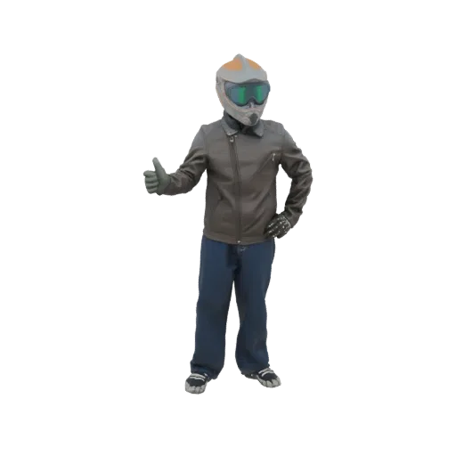 3D model of a motorcycle rider wearing a helmet and jacket, giving a thumbs-up gesture.
