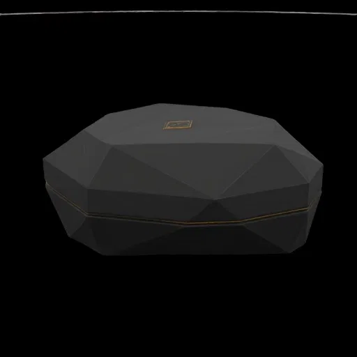 A 3D render of a faceted black jewelry box with a thin gold trim, presented on a black background.