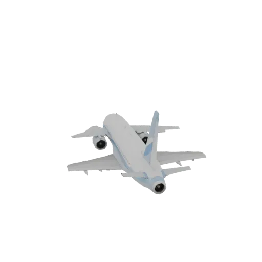 3D model of a passenger airplane with a white fuselage and blue accents, rear view