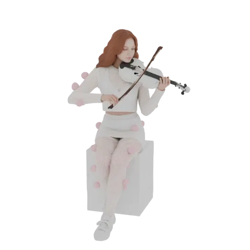 3D model of a young woman with red hair playing a white violin, wearing a white outfit with pink pom-poms, seated on a white