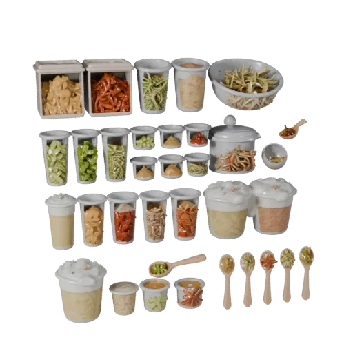 Pantry Herb Bundle 3D model, three-quarter front view, Unity viewport, showing powders, small ingredient shapes.