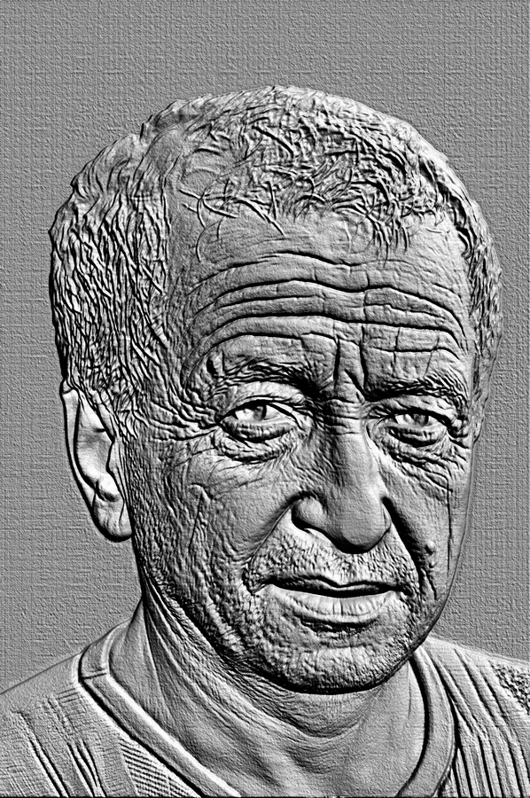 3D model of an elderly man bas-relief with deep wrinkles and an expressive gaze, rendered in gray.