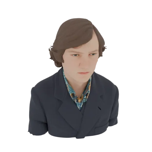 3D model render of a young man with wavy brown hair wearing a dark suit and a colorful patterned shirt, looking slightly to t