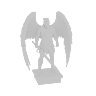 3D model of a white, untextured winged warrior holding a sword, standing on a pedestal.