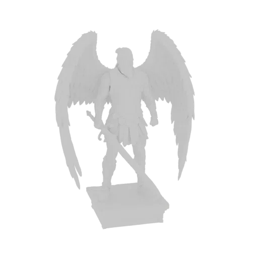 3D model of a white, untextured winged warrior holding a sword, standing on a pedestal.