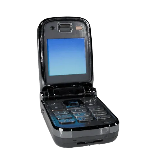 Compact Retro Mobile Phone Low Poly 3D model, game viewport three-quarter view, showing glass screens, form detail.