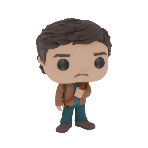 3D model of a sad adventurer character in the style of a Funko Pop vinyl figure, wearing a brown jacket and teal shirt.