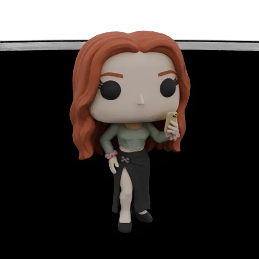 3D model of a red-haired woman in Funko Pop style, wearing a green top and black skirt, holding a smartphone.