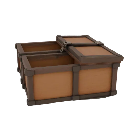 3D model of a wooden box with two compartments and a latch lid, front view