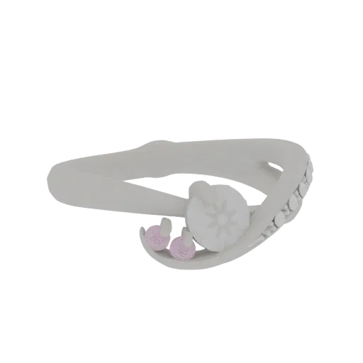 3D-Modell eines eleganten Rings mit einem zentralen Diamanten und zwei rosa Edelsteinen, vor einem weißen Hintergrund.