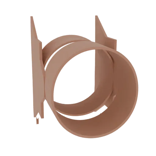 3D render of an abstract sculpture with two intertwined rings in a terracotta color, set against a white background.