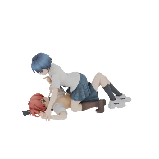 3D model of two anime schoolgirls in school uniforms wrestling, one on top of the other