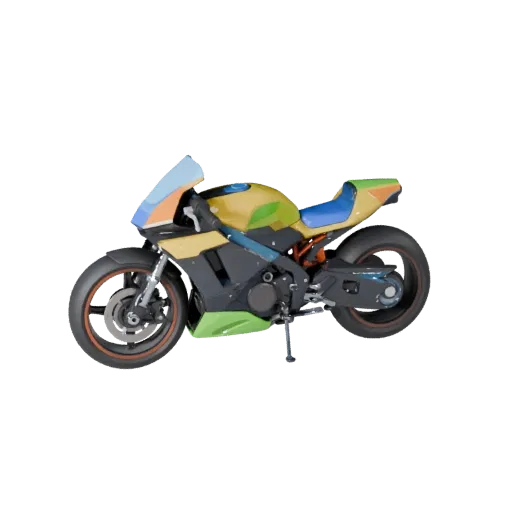 Modello 3D di moto cyberpunk in stile cartone animato, vista studio a tre quarti, asset veicolo stilizzato con pannellature f