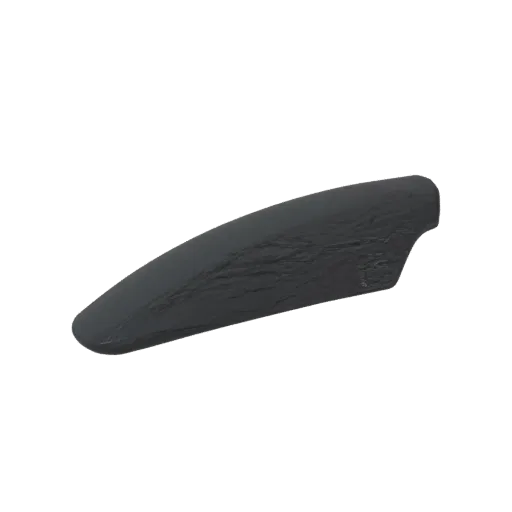3D model of a dark gray, streamlined aerodynamic fin with a textured surface, isolated on a black background.