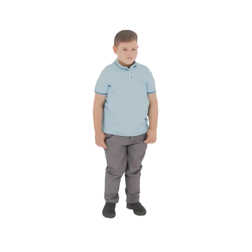 3D model of a young boy with short brown hair, wearing a light blue polo shirt and gray pants, standing with his hands at his