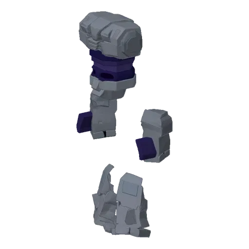3D model of a fragmented robot body with grey armor and purple accents, showing torso, head, arms, and legs separated.