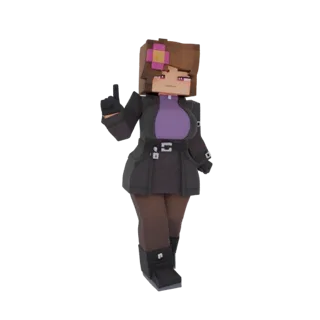3D model of a Minecraft-style girl character with brown hair, a pink flower clip, purple top, dark jacket, and boots, posing