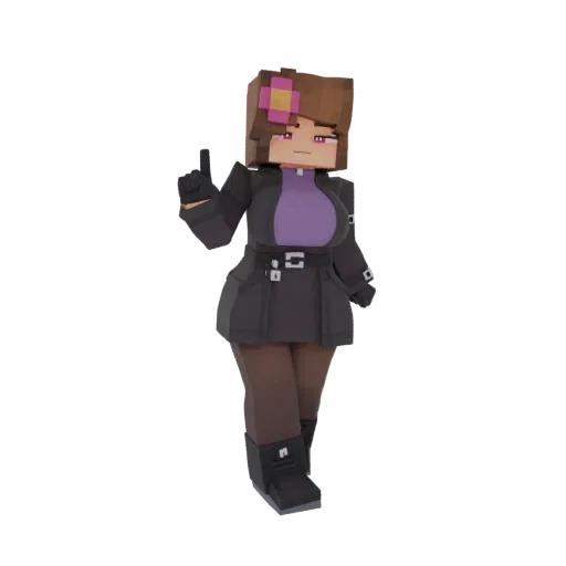 3D model of a Minecraft-style girl character with brown hair, a pink flower clip, purple top, dark jacket, and boots, posing