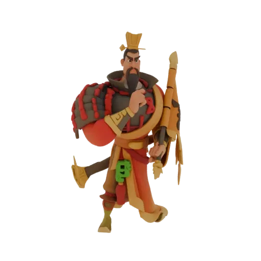 3D model of an ancient Chinese warrior with a stern expression, wearing detailed armor and holding a decorative banner.