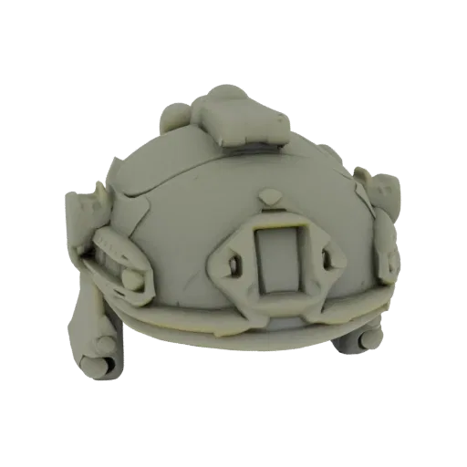 3D model of a grey tactical helmet with a front NVG mount and side rails, presented on a white background.