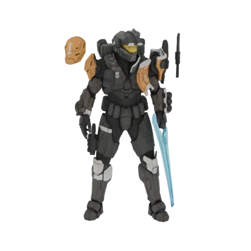 3D model of a Halo Spartan action figure in dark gray armor with orange accents, holding a blue energy sword, with a helmet a
