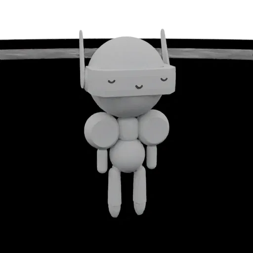 A 3D render of a cute, gray robot character wearing a white VR headset with a smiling face, suspended against a black backgro