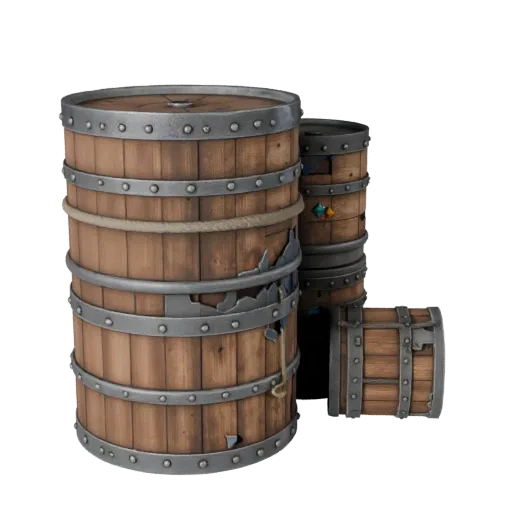 Industrial Barrel 3D model, three-quarter front view, Unreal Engine viewport, showing wood planks, stackable massing.