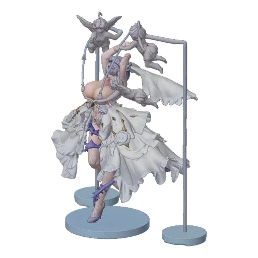3D model render of a Gothic Bride in a tattered white gown, with purple thorny accents and two cherubs, presented on a light