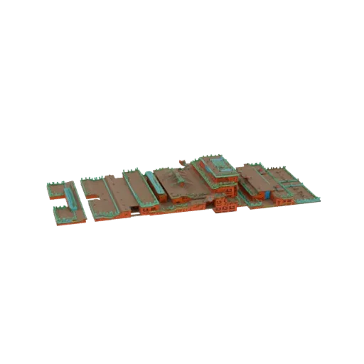 3D model of a sprawling, multi-module futuristic space station with detailed paneling and interconnected sections.