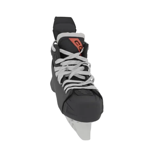 3D model of a black ice hockey skate with white laces and red accents, viewed from the front.
