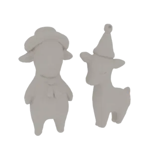 3D model preview of two unpainted ceramic figurines: a sheep with a hat and scarf, and a deer wearing a festive hat, against