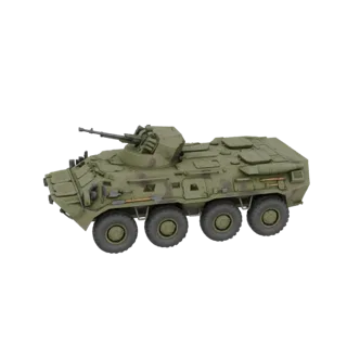 3D model of a green 8x8 wheeled armored personnel carrier with a turret, viewed from a three-quarter angle.