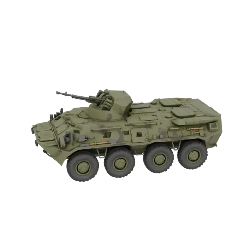 3D-Modell eines grünen 8x8 Radpanzers mit Geschützturm, von einer Dreiviertelansicht.