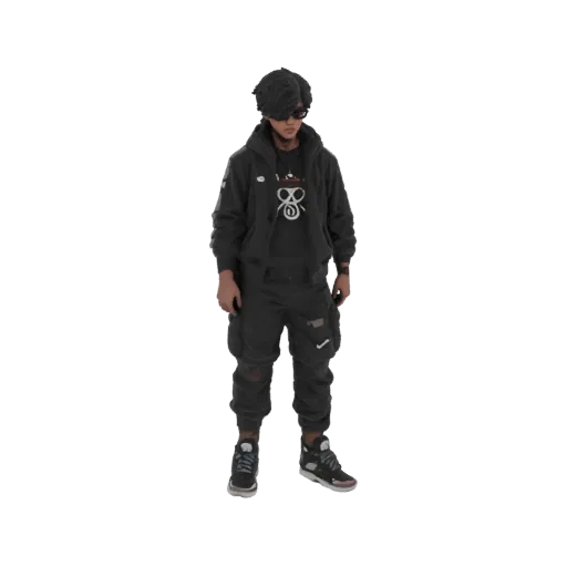 3D model of a character wearing a black hoodie, cargo pants, and sneakers, with dark hair and sunglasses.